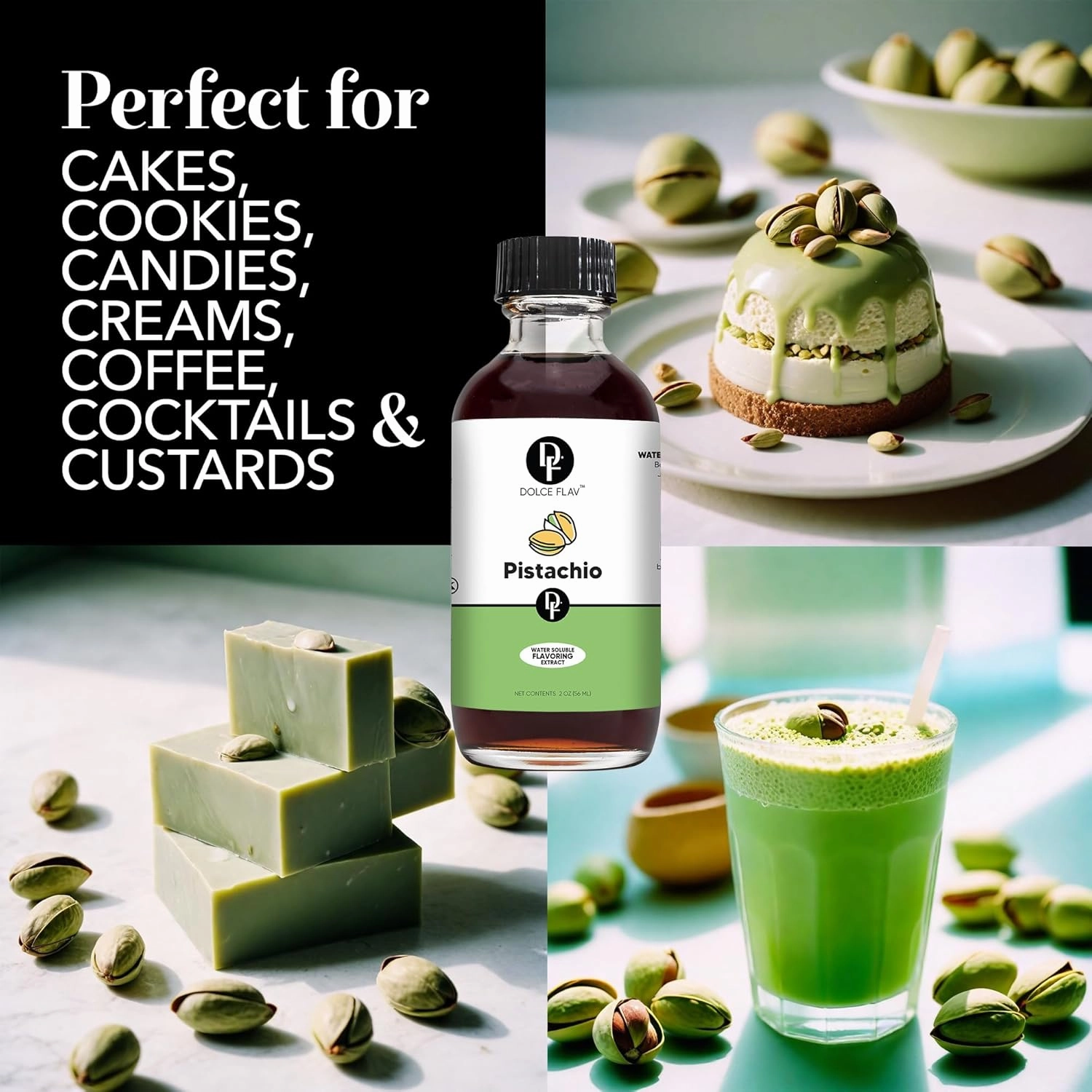 Dolce Flav Pistachio Extract 2 oz – Kosher, Sugar-Free, Concentrated Nutty Pistachio Flavor for Baking, Ice Cream & Pastries, Includes Measured Dropper