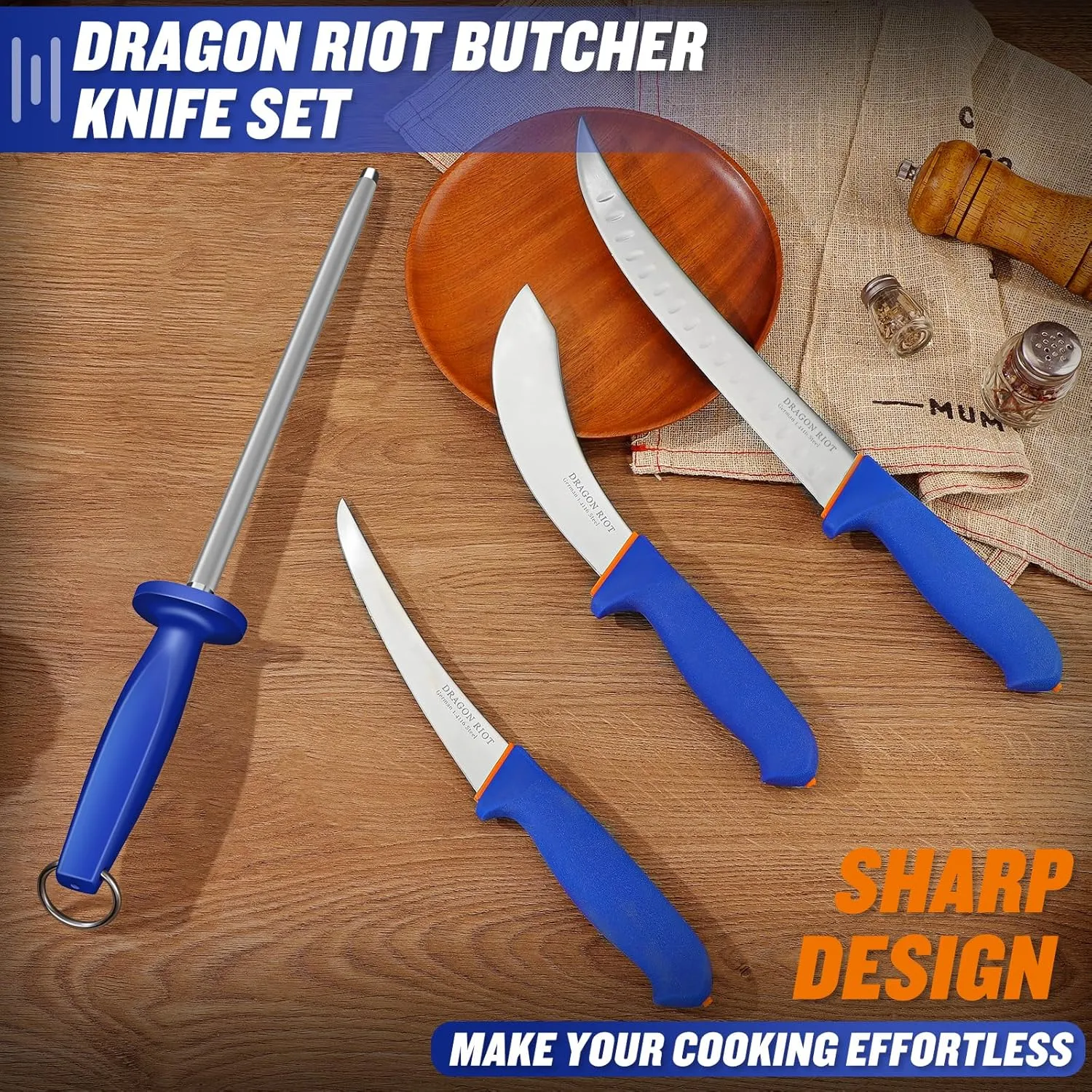 DRAGON RIOT 4 Piece Butcher Knife Set Brisket Trimming Set Include 6" Boning Knife, 6" Skinning Knife, 10" Butcher Breaking Knife and 10" Sharpening Steel