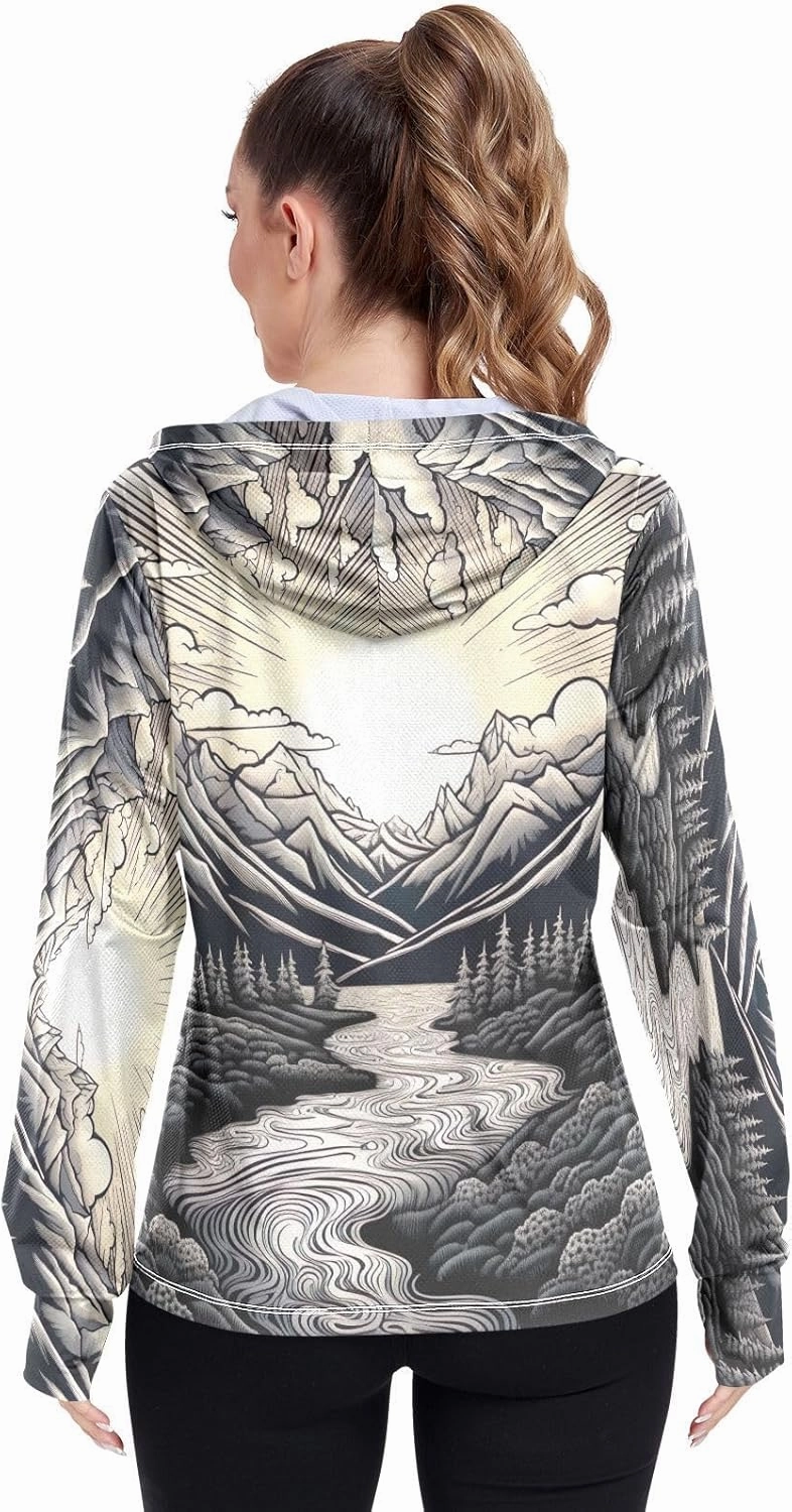 Drawing Of Mountains River Uv Jacket Upf 50 , Long Sleeve Zip up Outdoor Hoodie