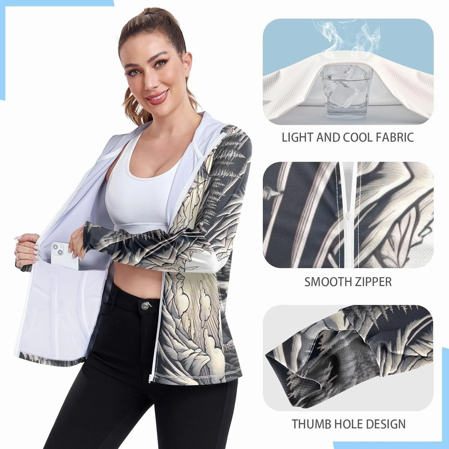 Drawing Of Mountains River Uv Jacket Upf 50 , Long Sleeve Zip up Outdoor Hoodie