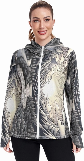 Drawing Of Mountains River Uv Jacket Upf 50 , Long Sleeve Zip up Outdoor Hoodie