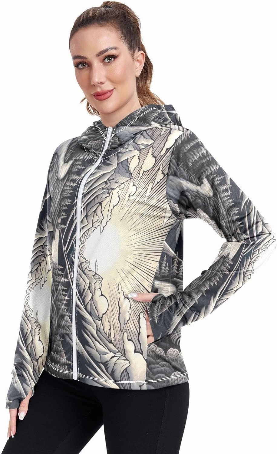 Drawing Of Mountains River Uv Jacket Upf 50 , Long Sleeve Zip up Outdoor Hoodie