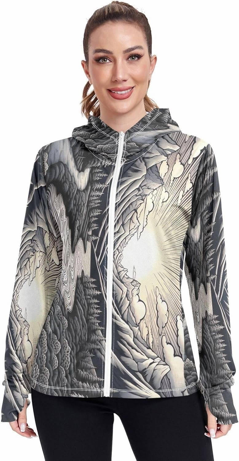 Drawing Of Mountains River Uv Jacket Upf 50 , Long Sleeve Zip up Outdoor Hoodie