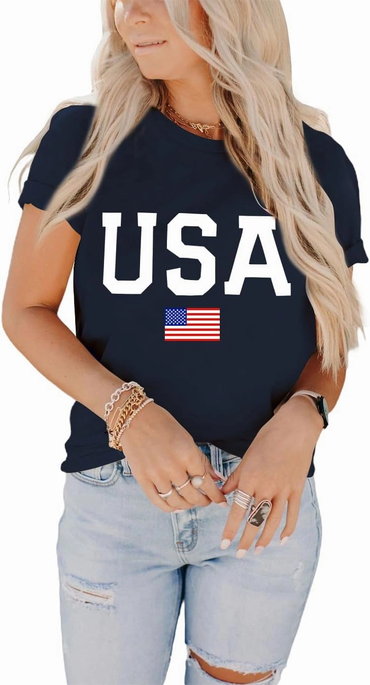 Dressmine Women's Short Sleeve American Flag Shirt Round Neck USA Shirts Summer Fourth July Graphic Tee Patriotic T Shirt