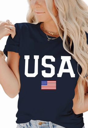 Dressmine Women's Short Sleeve American Flag Shirt Round Neck USA Shirts Summer Fourth July Graphic Tee Patriotic T Shirt