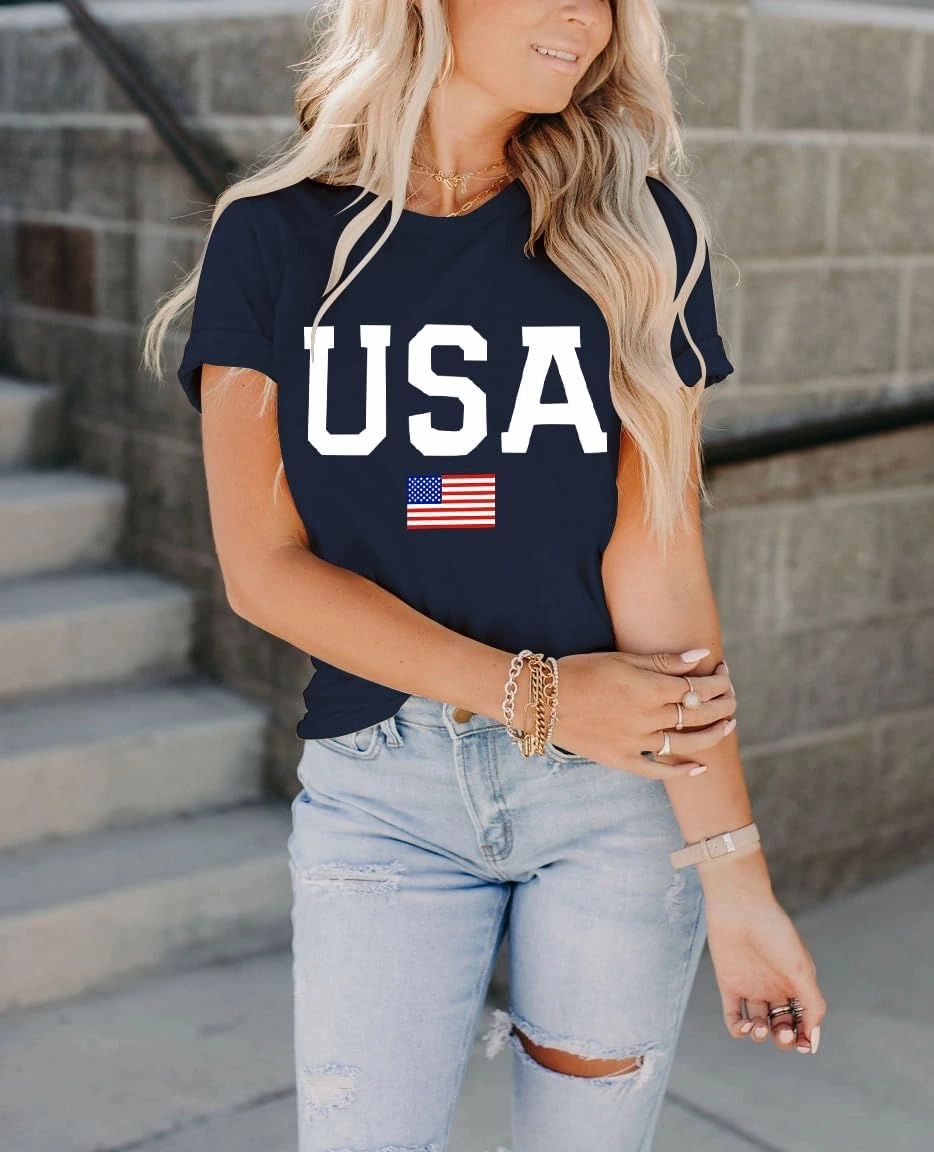 Dressmine Women's Short Sleeve American Flag Shirt Round Neck USA Shirts Summer Fourth July Graphic Tee Patriotic T Shirt