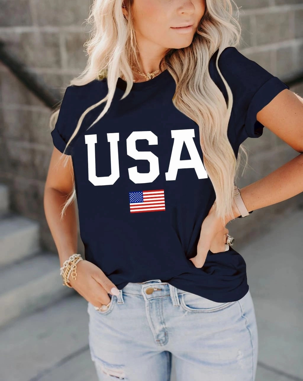 Dressmine Women's Short Sleeve American Flag Shirt Round Neck USA Shirts Summer Fourth July Graphic Tee Patriotic T Shirt