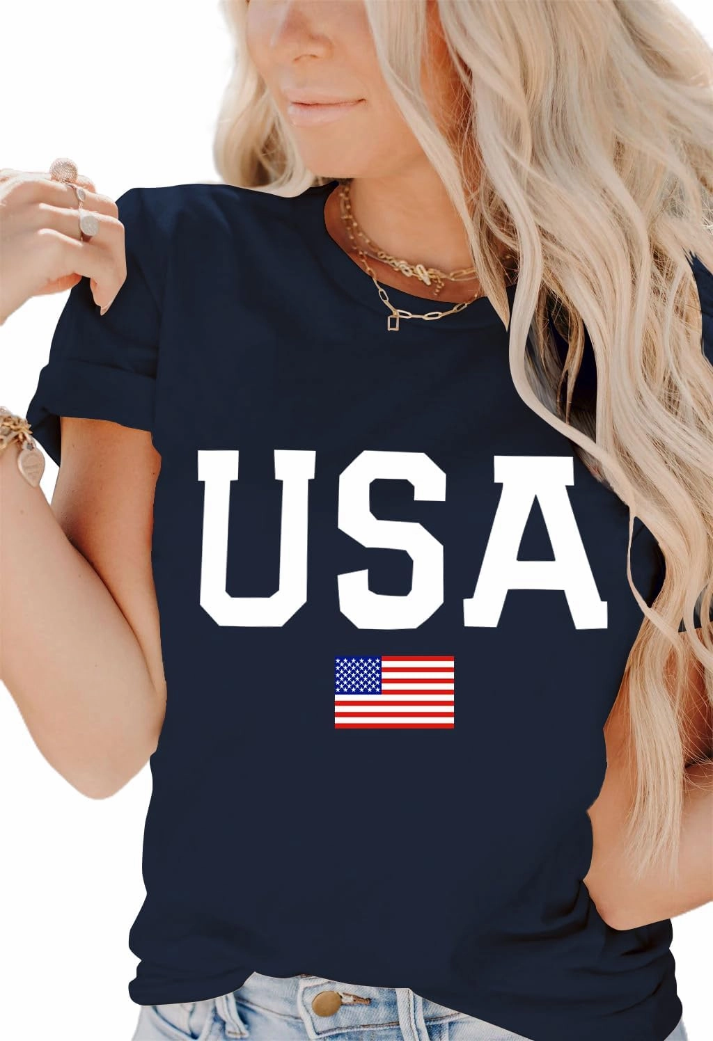 Dressmine Women's Short Sleeve American Flag Shirt Round Neck USA Shirts Summer Fourth July Graphic Tee Patriotic T Shirt