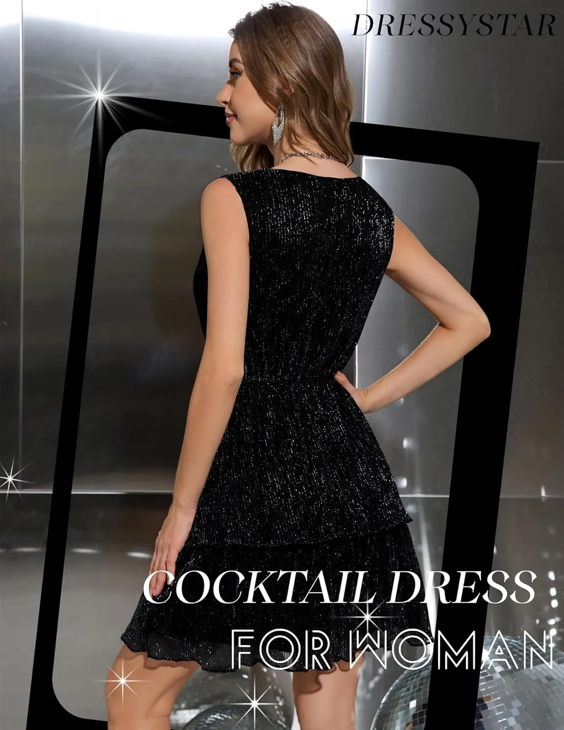 Dressystar Womens Glitter Tiered V Neck Cocktail Dress 2025 A Line Sleeveless Sequin Ruffle Short Prom Evening Party Dresses