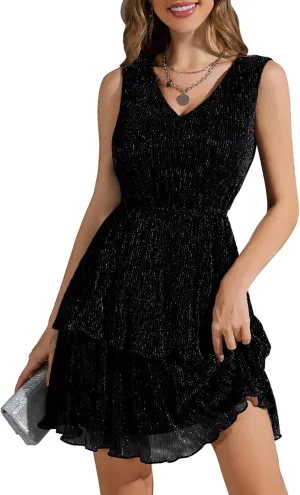 Dressystar Womens Glitter Tiered V Neck Cocktail Dress 2025 A Line Sleeveless Sequin Ruffle Short Prom Evening Party Dresses