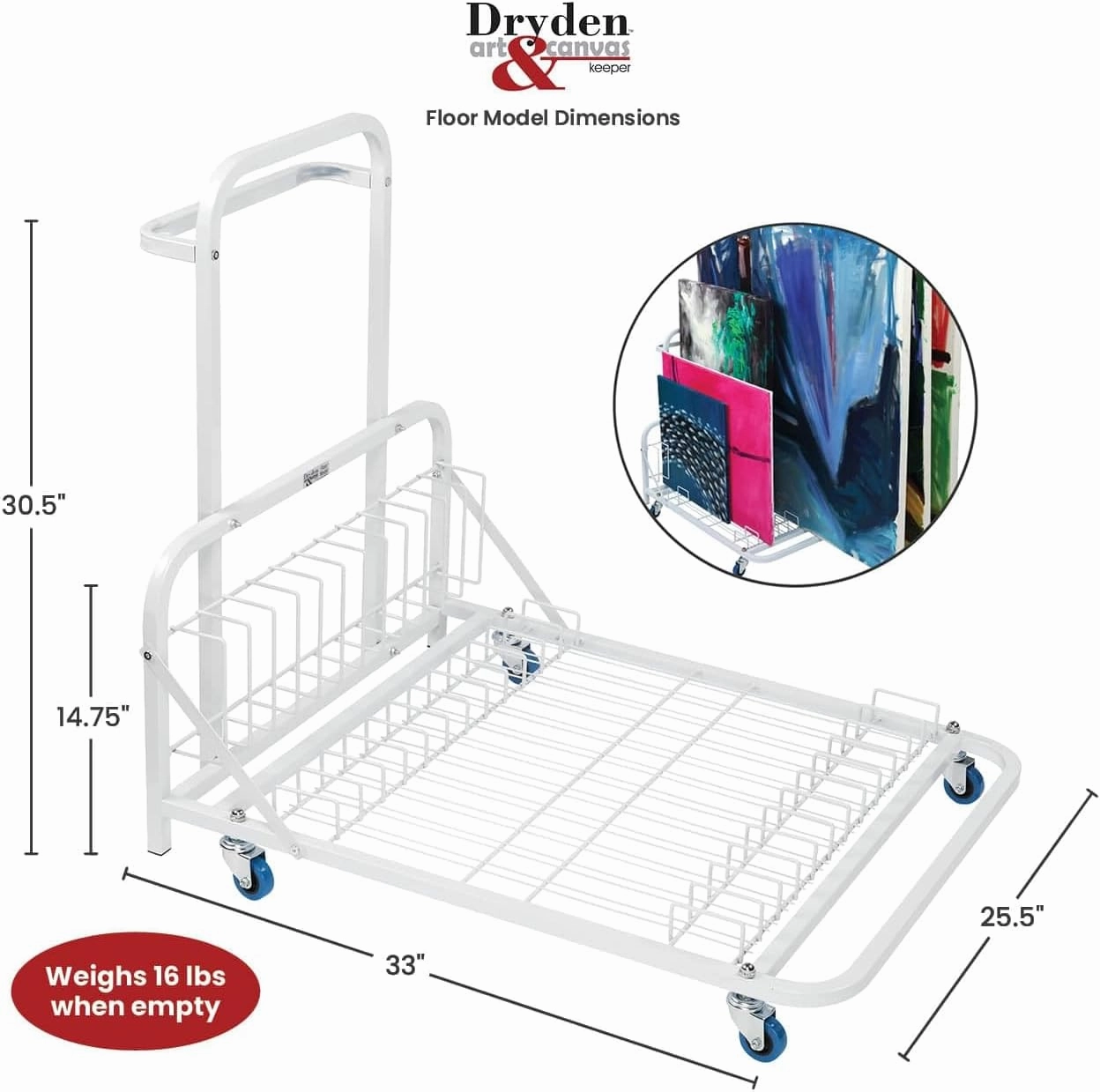 Dryden Art Canvas Storage Rack & Frame Keeper, Mobile Cart, Large Floor Model with Casters and Handle - 33" x 25.5" x 30.5" - White