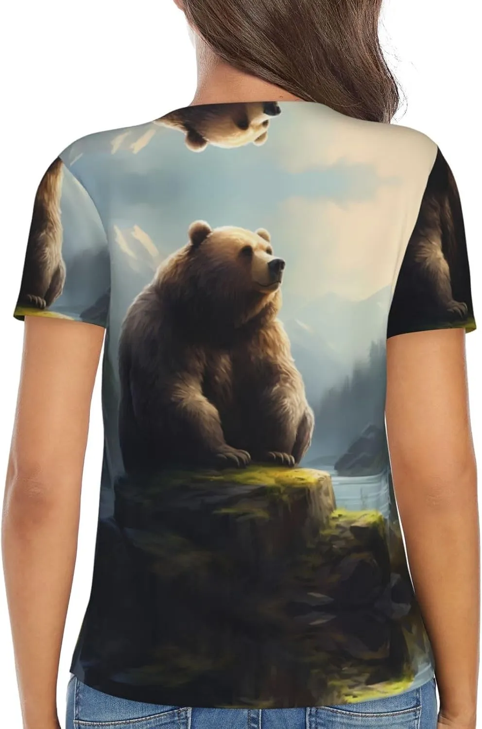 Dull Bear Pattern Sexy V-Neck Printed Short T-Shirt, Travel Portable Fitness Clothes, Home and Outdoor wear