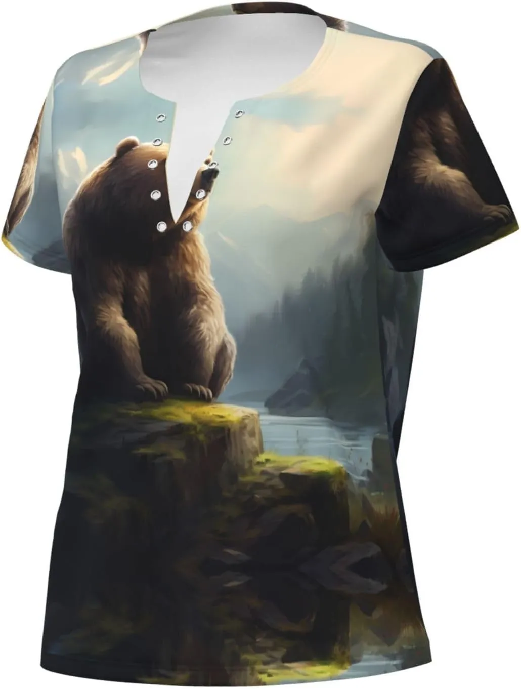 Dull Bear Pattern Sexy V-Neck Printed Short T-Shirt, Travel Portable Fitness Clothes, Home and Outdoor wear