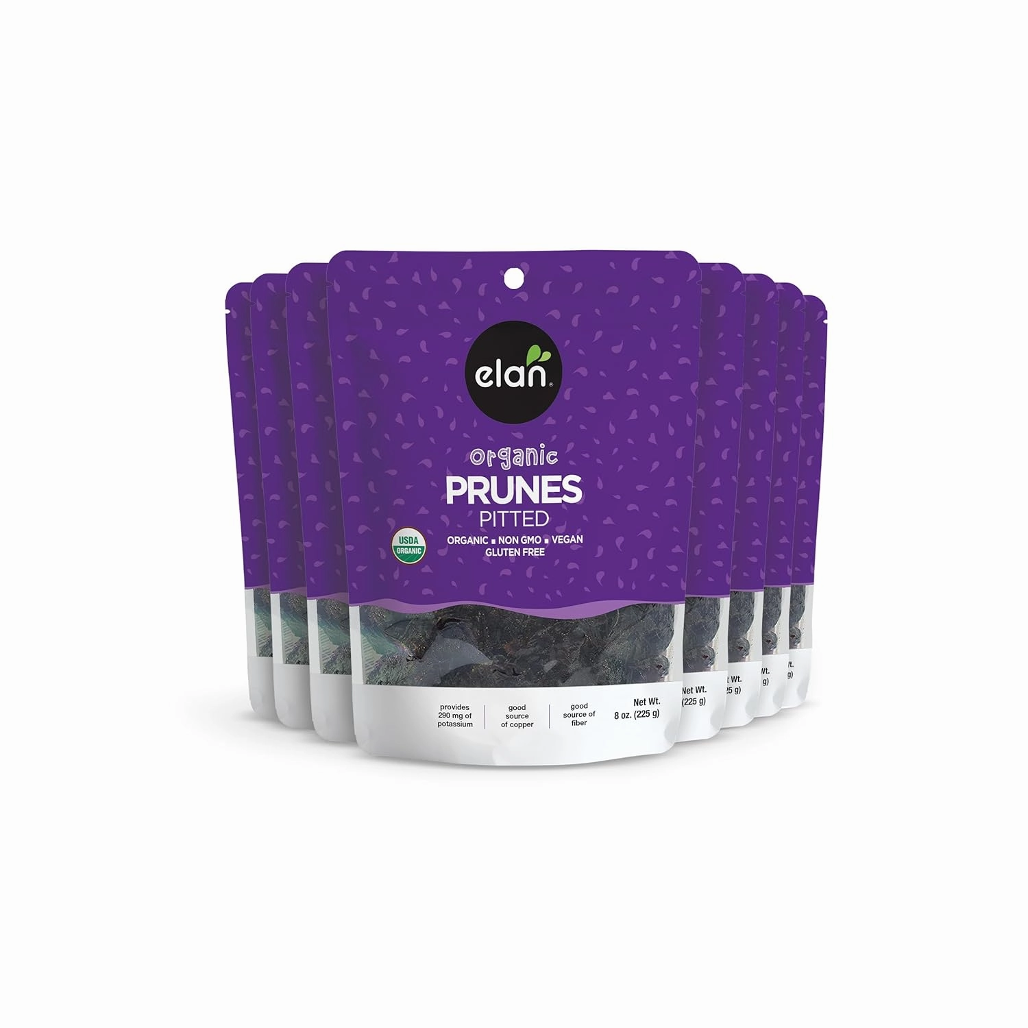 Elan Organic Pitted Prunes, Natural Dried Fruit, No Sugar Added, Sulphite-free, Non-GMO, Vegan, Gluten-Free, Kosher, Healthy Snack, Dried Plums, 8 pack of 7.9 oz