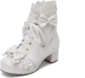 Elbslutt Women Goth Platform Boots Kawaii Lolita Chunky Heel Ankle Boots Bow Lace Up Ankle Boots Cute Sweet Cosplay Booties Punk Shoes