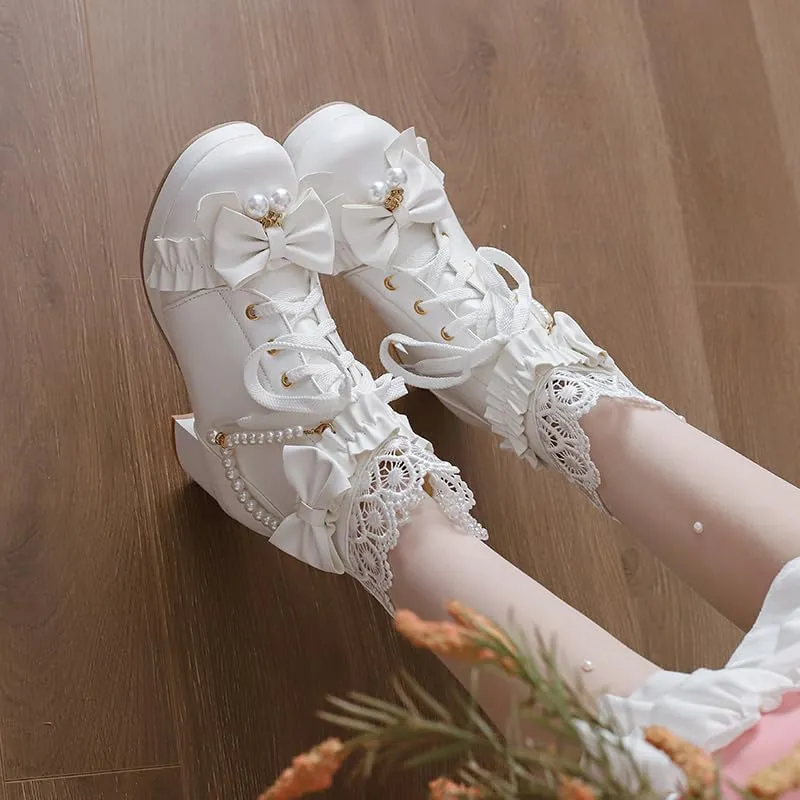 Elbslutt Women Goth Platform Boots Kawaii Lolita Chunky Heel Ankle Boots Bow Lace Up Ankle Boots Cute Sweet Cosplay Booties Punk Shoes
