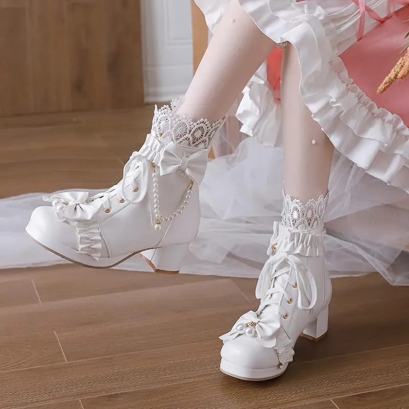 Elbslutt Women Goth Platform Boots Kawaii Lolita Chunky Heel Ankle Boots Bow Lace Up Ankle Boots Cute Sweet Cosplay Booties Punk Shoes
