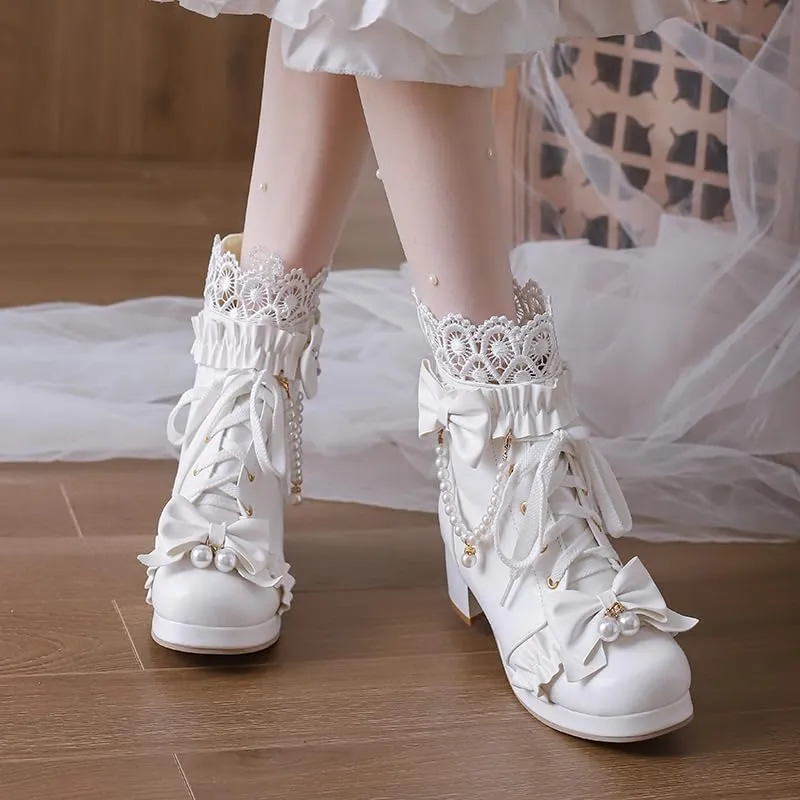 Elbslutt Women Goth Platform Boots Kawaii Lolita Chunky Heel Ankle Boots Bow Lace Up Ankle Boots Cute Sweet Cosplay Booties Punk Shoes
