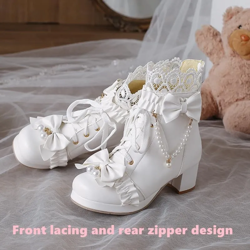 Elbslutt Women Goth Platform Boots Kawaii Lolita Chunky Heel Ankle Boots Bow Lace Up Ankle Boots Cute Sweet Cosplay Booties Punk Shoes