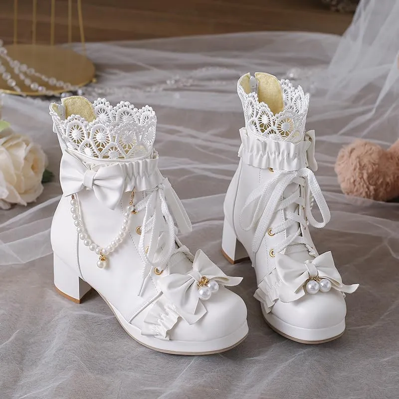 Elbslutt Women Goth Platform Boots Kawaii Lolita Chunky Heel Ankle Boots Bow Lace Up Ankle Boots Cute Sweet Cosplay Booties Punk Shoes