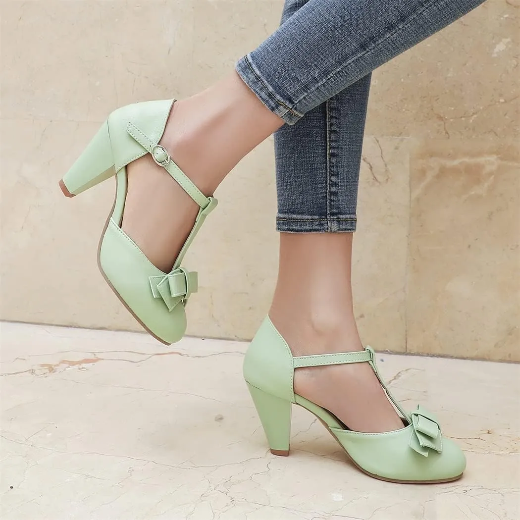 Elbslutt Women's Cute Retro Rockabilly Shoes T Strap Mary Janes Heels Chunky Cosplay Shoes Sweet Block Heeled Bow Pumps