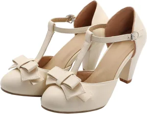 Elbslutt Women's Cute Retro Rockabilly Shoes T Strap Mary Janes Heels Chunky Cosplay Shoes Sweet Block Heeled Bow Pumps