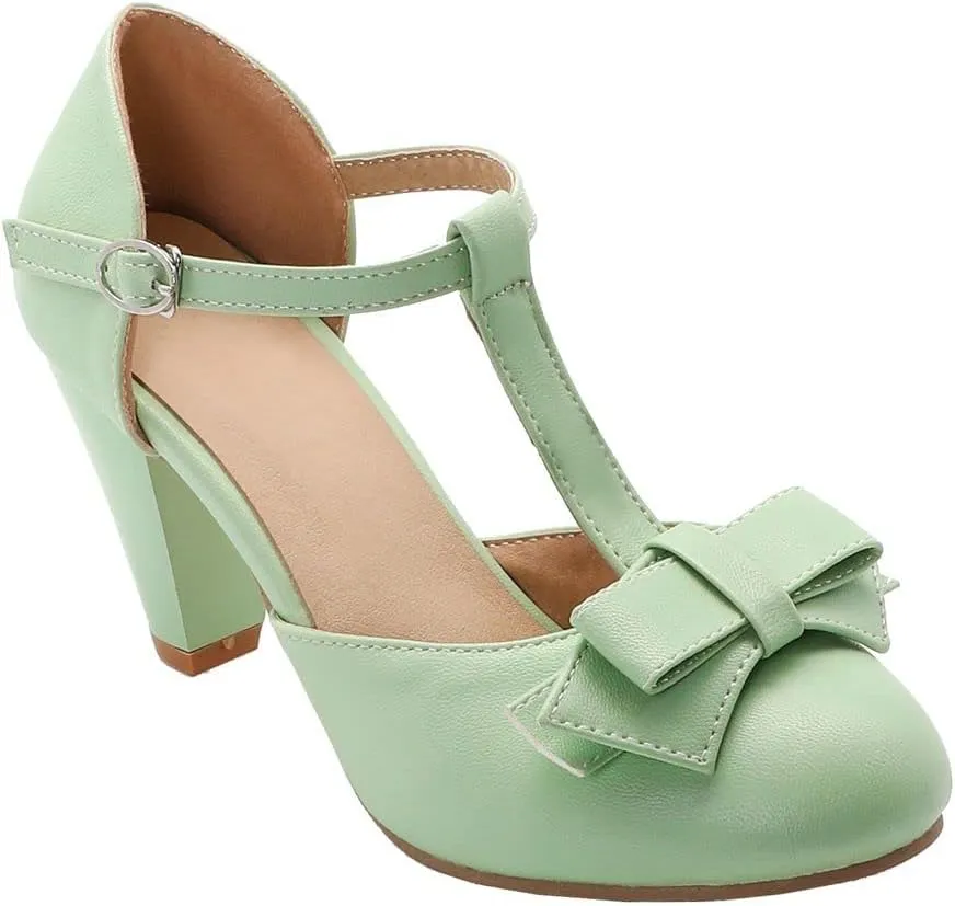 Elbslutt Women's Cute Retro Rockabilly Shoes T Strap Mary Janes Heels Chunky Cosplay Shoes Sweet Block Heeled Bow Pumps