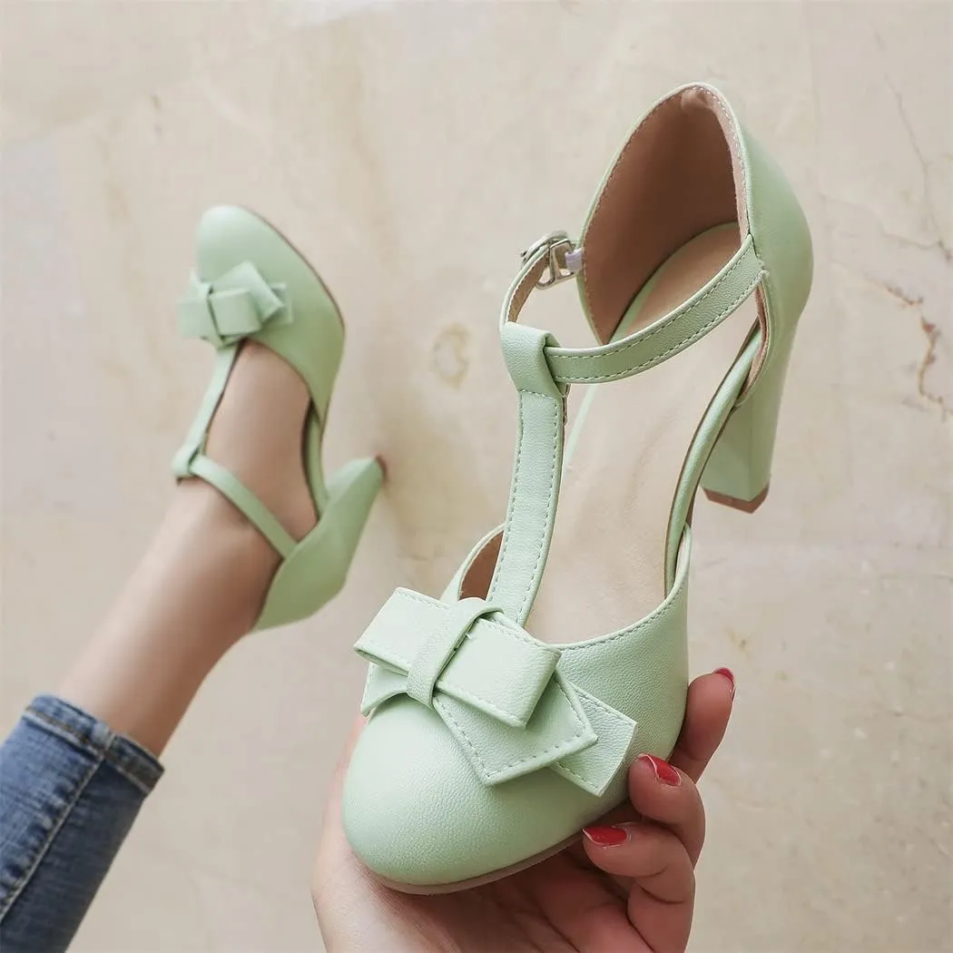 Elbslutt Women's Cute Retro Rockabilly Shoes T Strap Mary Janes Heels Chunky Cosplay Shoes Sweet Block Heeled Bow Pumps