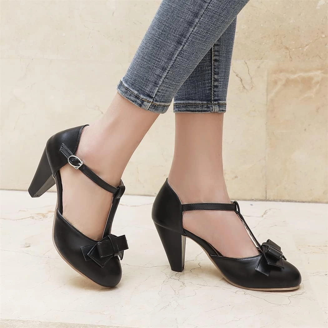 Elbslutt Women's Cute Retro Rockabilly Shoes T Strap Mary Janes Heels Chunky Cosplay Shoes Sweet Block Heeled Bow Pumps