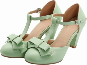 Elbslutt Women's Cute Retro Rockabilly Shoes T Strap Mary Janes Heels Chunky Cosplay Shoes Sweet Block Heeled Bow Pumps