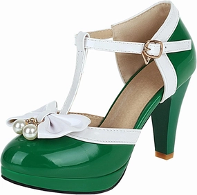 Elbslutt Women's Cute Retro Rockabilly Shoes T Strap Mary Janes Heels Chunky Cosplay Shoes Sweet Block Heeled Bow Pumps
