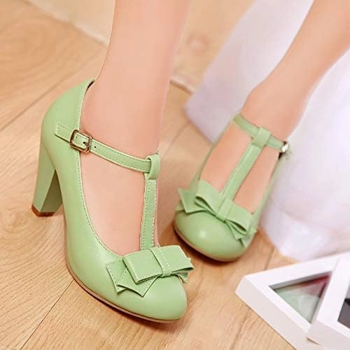 Elbslutt Women's Cute Retro Rockabilly Shoes T Strap Mary Janes Heels Chunky Cosplay Shoes Sweet Block Heeled Bow Pumps