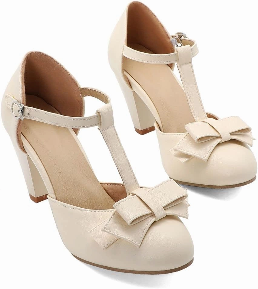 Elbslutt Women's Cute Retro Rockabilly Shoes T Strap Mary Janes Heels Chunky Cosplay Shoes Sweet Block Heeled Bow Pumps