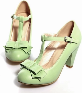 Elbslutt Women's Cute Retro Rockabilly Shoes T Strap Mary Janes Heels Chunky Cosplay Shoes Sweet Block Heeled Bow Pumps