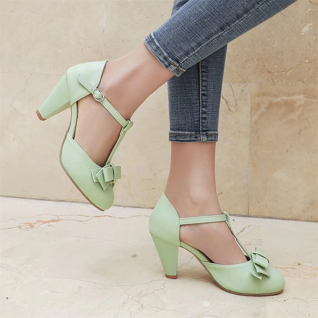 Elbslutt Women's Cute Retro Rockabilly Shoes T Strap Mary Janes Heels Chunky Cosplay Shoes Sweet Block Heeled Bow Pumps
