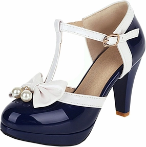 Elbslutt Women's Cute Retro Rockabilly Shoes T Strap Mary Janes Heels Chunky Cosplay Shoes Sweet Block Heeled Bow Pumps