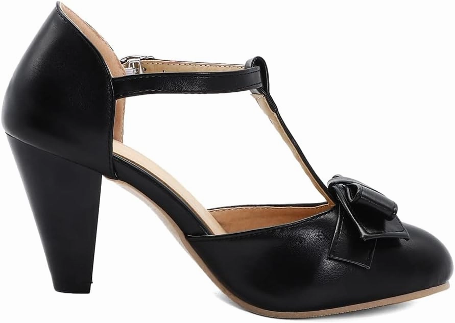 Elbslutt Women's Cute Retro Rockabilly Shoes T Strap Mary Janes Heels Chunky Cosplay Shoes Sweet Block Heeled Bow Pumps