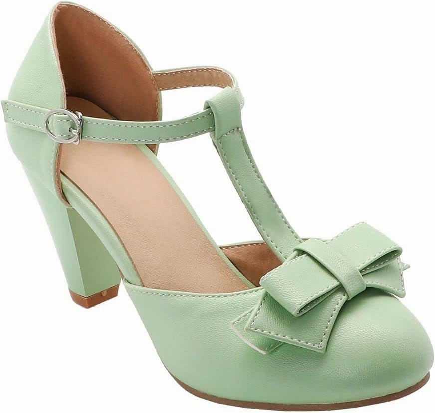 Elbslutt Women's Cute Retro Rockabilly Shoes T Strap Mary Janes Heels Chunky Cosplay Shoes Sweet Block Heeled Bow Pumps