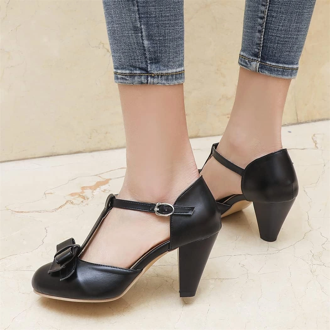 Elbslutt Women's Cute Retro Rockabilly Shoes T Strap Mary Janes Heels Chunky Cosplay Shoes Sweet Block Heeled Bow Pumps