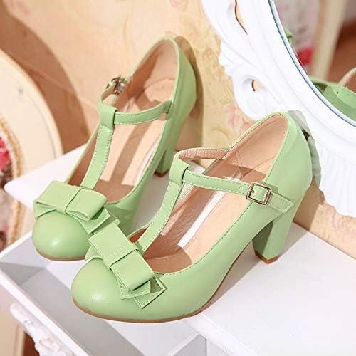 Elbslutt Women's Cute Retro Rockabilly Shoes T Strap Mary Janes Heels Chunky Cosplay Shoes Sweet Block Heeled Bow Pumps