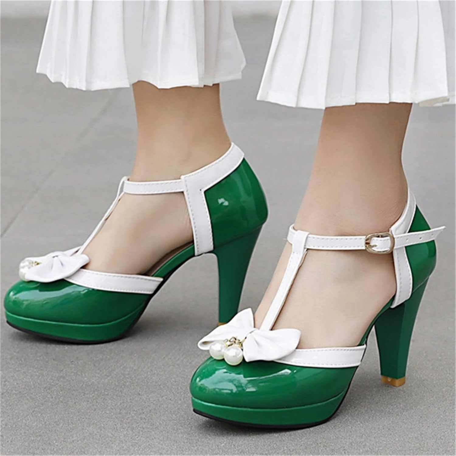 Elbslutt Women's Cute Retro Rockabilly Shoes T Strap Mary Janes Heels Chunky Cosplay Shoes Sweet Block Heeled Bow Pumps