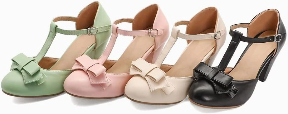 Elbslutt Women's Cute Retro Rockabilly Shoes T Strap Mary Janes Heels Chunky Cosplay Shoes Sweet Block Heeled Bow Pumps