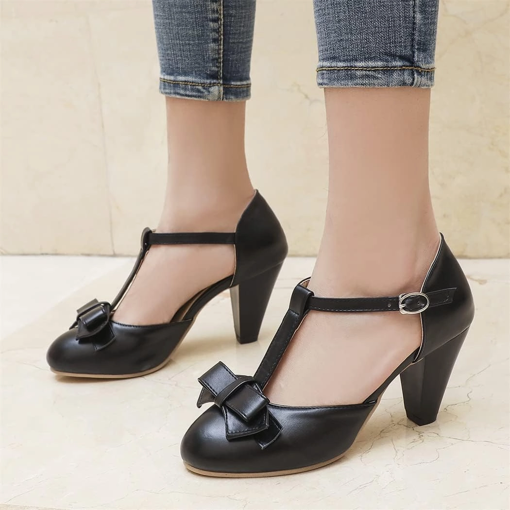 Elbslutt Women's Cute Retro Rockabilly Shoes T Strap Mary Janes Heels Chunky Cosplay Shoes Sweet Block Heeled Bow Pumps