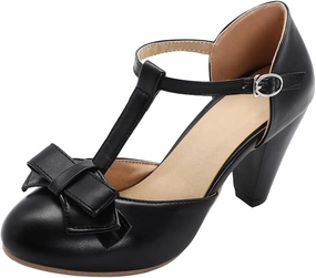 Elbslutt Women's Cute Retro Rockabilly Shoes T Strap Mary Janes Heels Chunky Cosplay Shoes Sweet Block Heeled Bow Pumps
