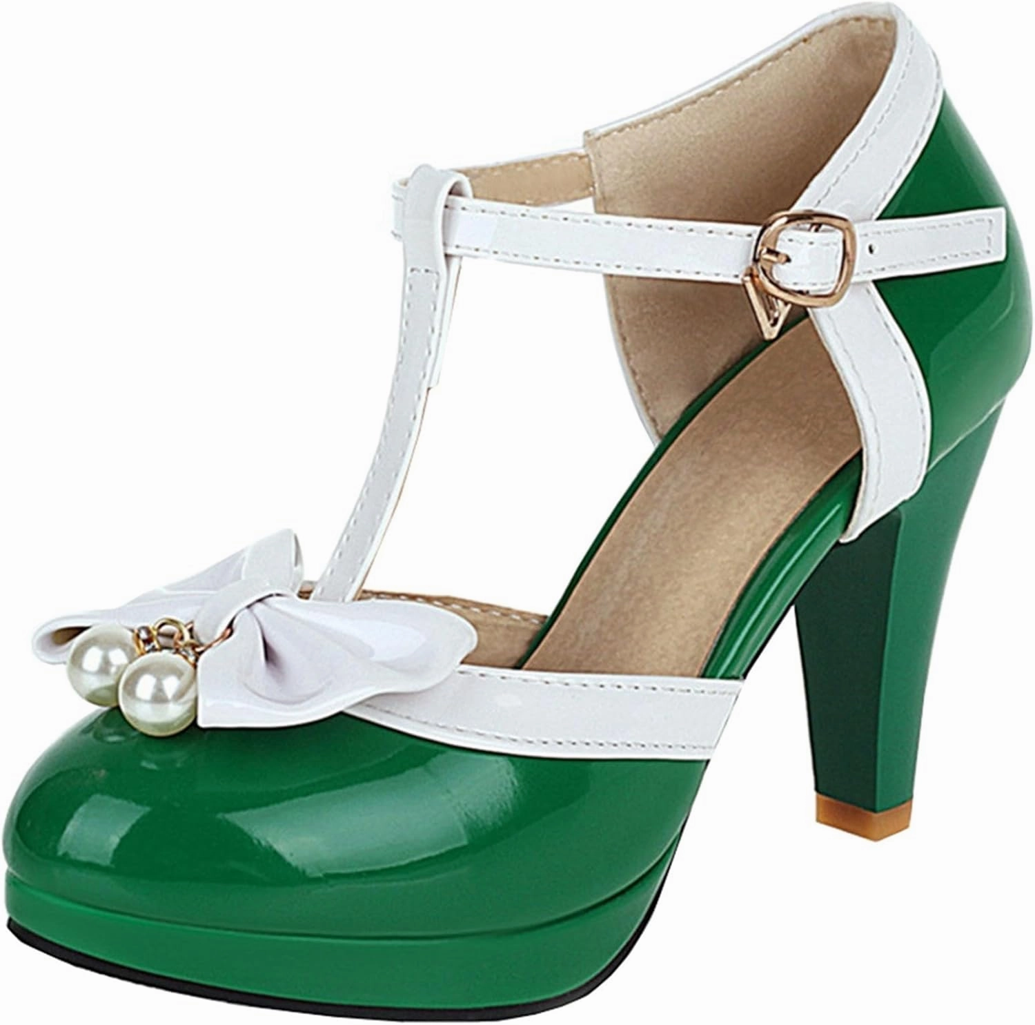 Elbslutt Women's Cute Retro Rockabilly Shoes T Strap Mary Janes Heels Chunky Cosplay Shoes Sweet Block Heeled Bow Pumps