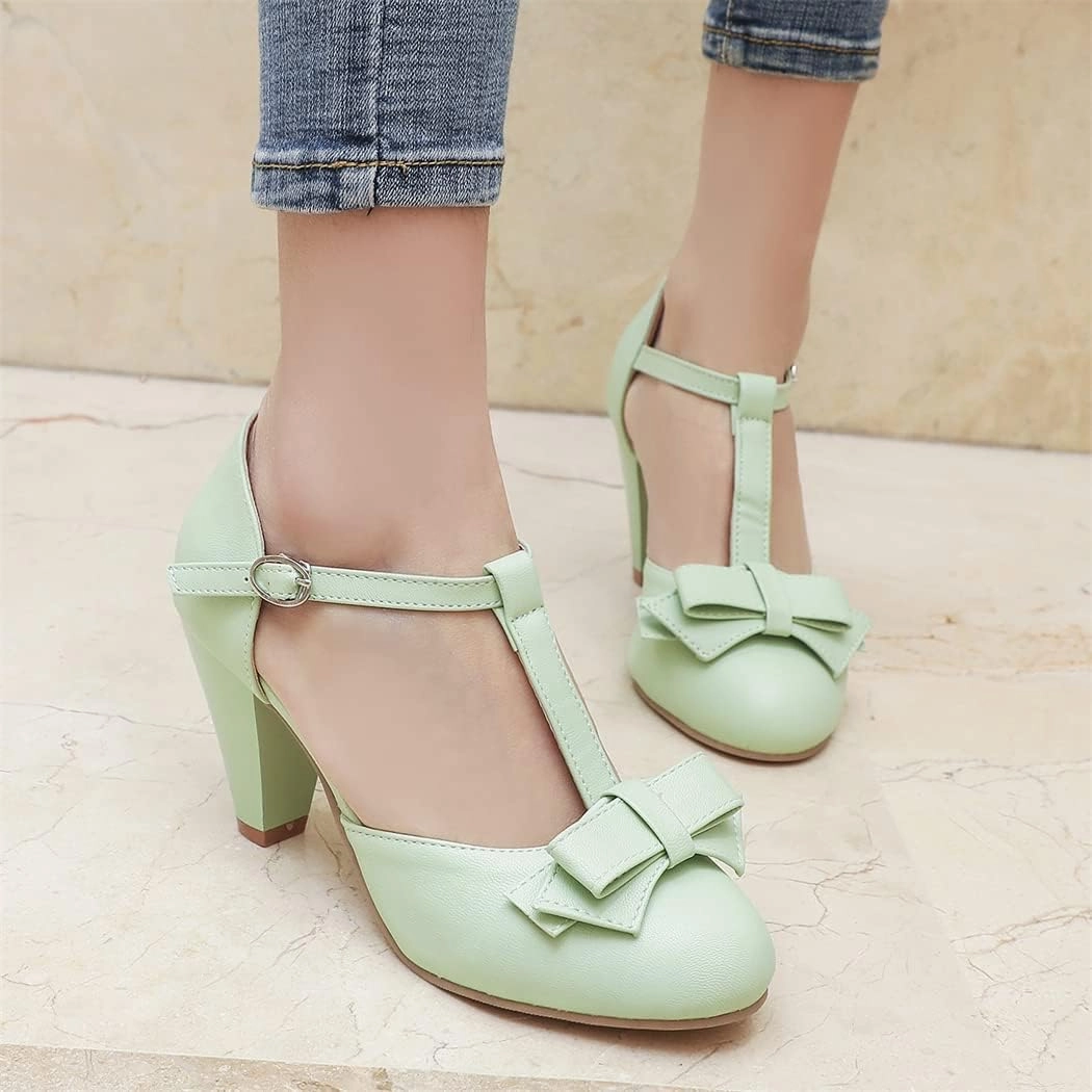 Elbslutt Women's Cute Retro Rockabilly Shoes T Strap Mary Janes Heels Chunky Cosplay Shoes Sweet Block Heeled Bow Pumps