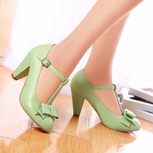 Elbslutt Women's Cute Retro Rockabilly Shoes T Strap Mary Janes Heels Chunky Cosplay Shoes Sweet Block Heeled Bow Pumps