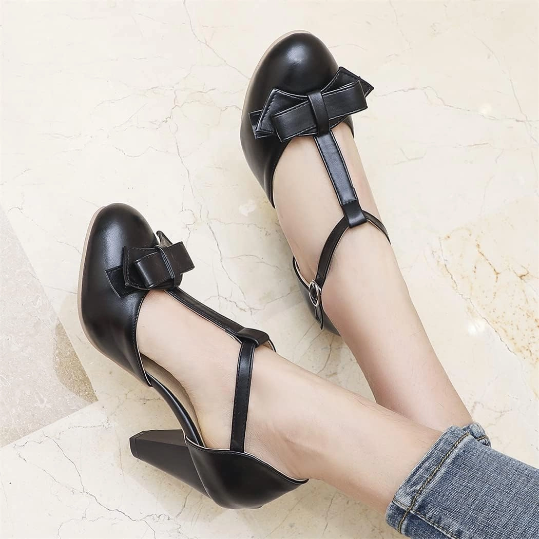 Elbslutt Women's Cute Retro Rockabilly Shoes T Strap Mary Janes Heels Chunky Cosplay Shoes Sweet Block Heeled Bow Pumps