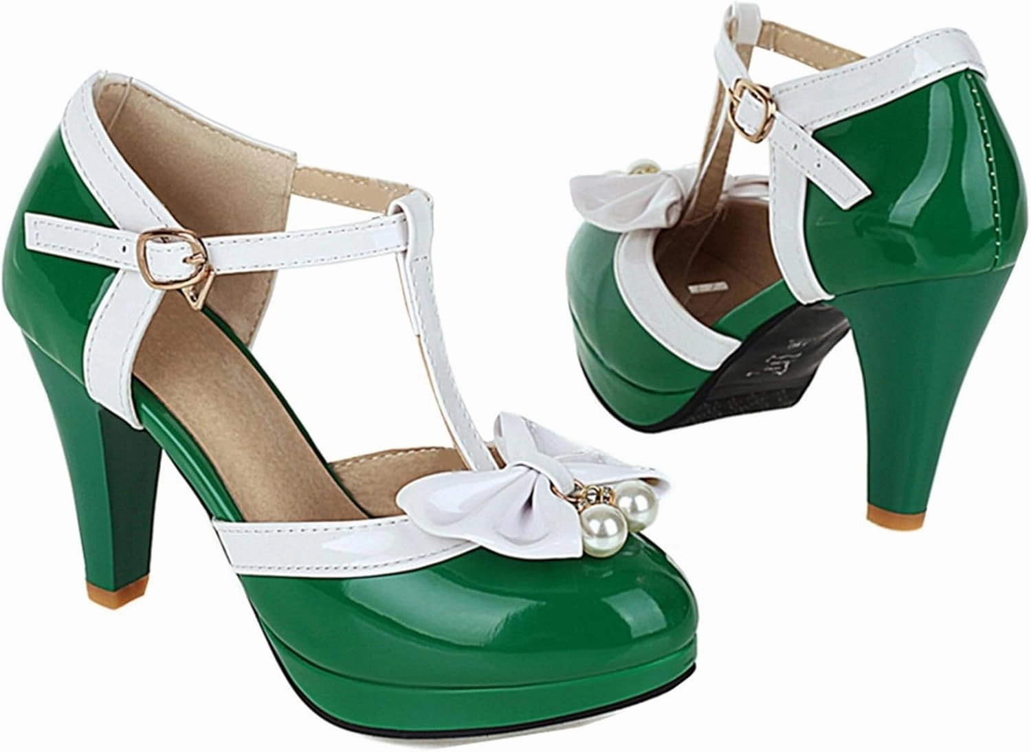 Elbslutt Women's Cute Retro Rockabilly Shoes T Strap Mary Janes Heels Chunky Cosplay Shoes Sweet Block Heeled Bow Pumps