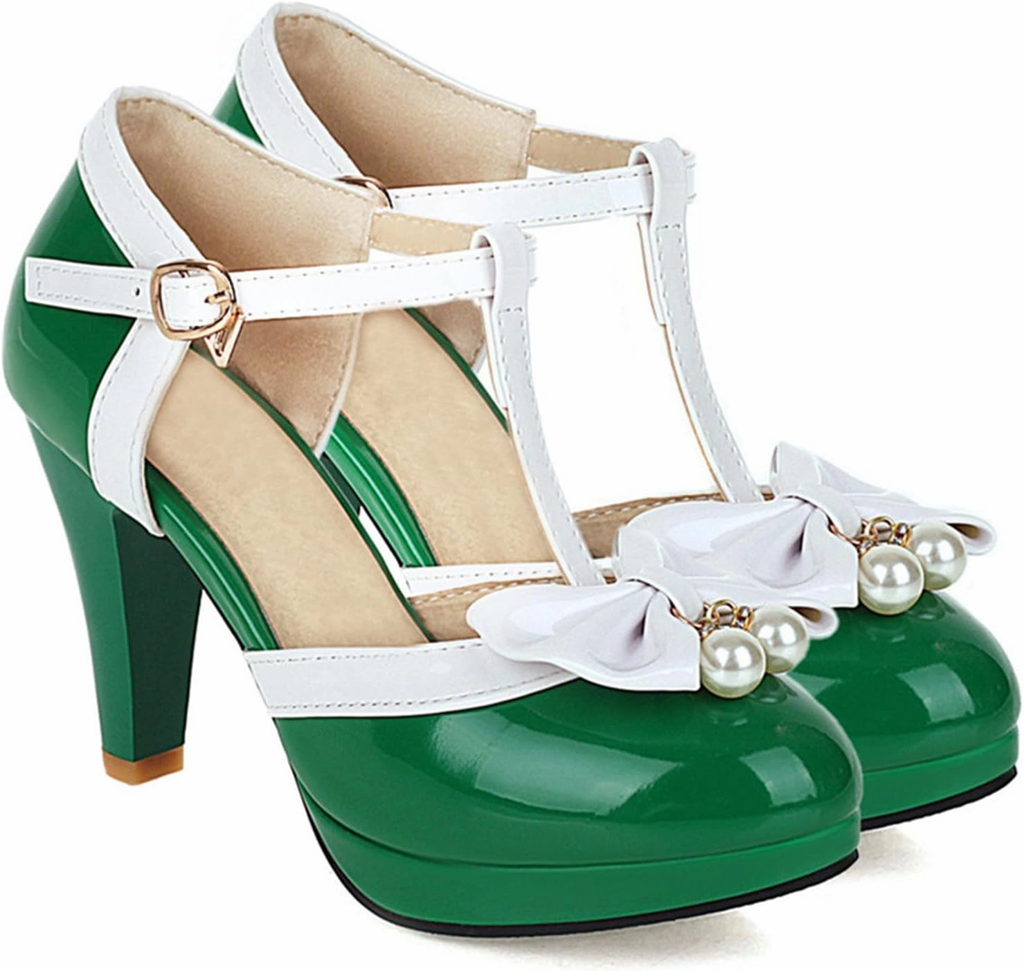 Elbslutt Women's Cute Retro Rockabilly Shoes T Strap Mary Janes Heels Chunky Cosplay Shoes Sweet Block Heeled Bow Pumps